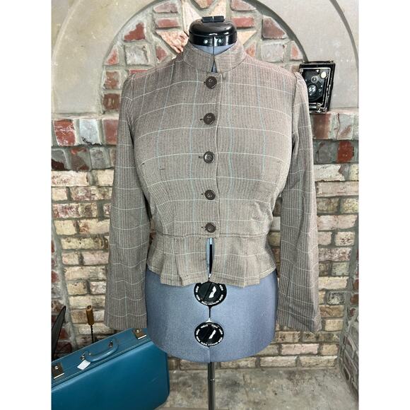 cropped blazer plaid ruffle hem Y2k brown blue - Picture 1 of 11